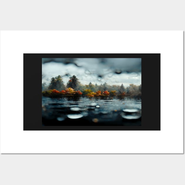 Foggy Lake Falling Raindrops On A Rainy Autumn Day Wall Art by Unwind-Art-Work